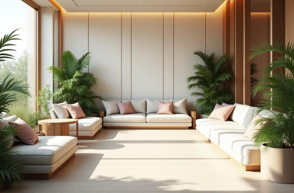 Elegant lounge area with tranquil décor and greenery