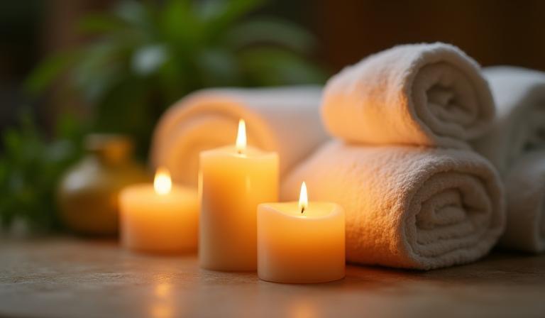 Soothing spa environment with candles and soft towels