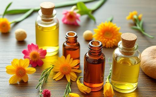 Glass bottles with essential oils and fresh flowers