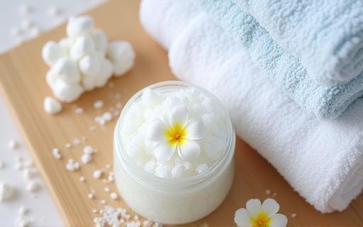 Gentle exfoliation with sea salt scrub and soft towels