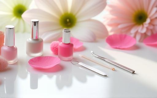 Spa manicure setup with luxury nail colors and flowers