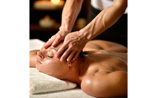 Soothing massage scene with therapist and calm lighting