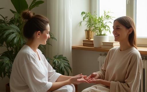 Holistic therapist consulting client in calming office